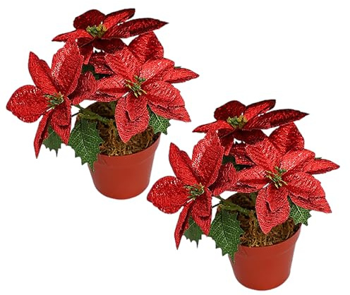 POTRUWE Confezione da 2 Fiori di Natale Artificiali Stelle di Natale Rosse, Piante in Vaso Simulate Piante in Vaso, Fiori di Stella di Natale Artificiali Finti in Vaso, Sottovasi