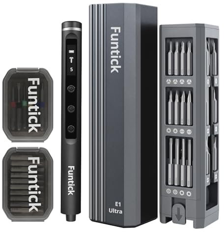 Funtick 3.7V Mini Electric Screwdriver Set, Magnetic Bits, Magnetic Storage, 5 Torque Adjustments, LED Display, Electric Screwdriver for Electronics Phone Camera PS5 Laptop Watch (gunmetal gray)