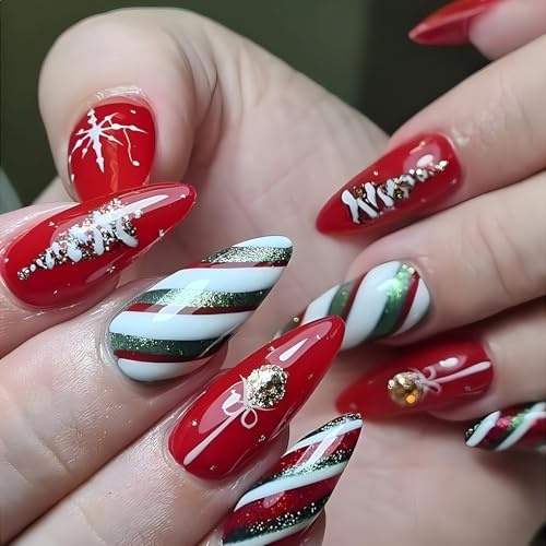 LPOODDNU Christmas Almond Fake Nails with Cute Stripes Designs Red and Green Glitter Christmas Tree Bell Fake Nails Medium Cover Full Coverage False Nails for Women