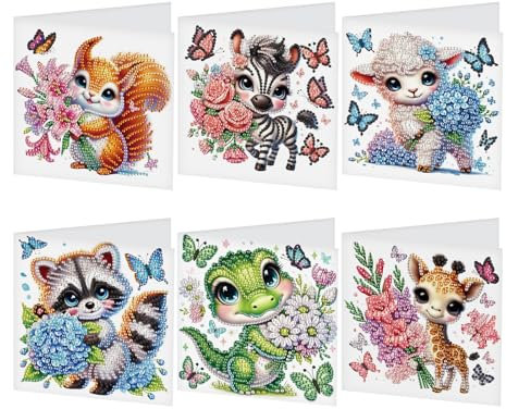 DCIDBEI DIY Diamond Painting Karten 6 PCS Strass Handwerk Grußkarte Diamant Painting Malerei Malen nach Zahlen Geschenkkarte Geburtstagskarten Geburtstag Karte (Tiere Blumen)