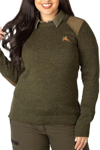 Rydale Shooting Sweater Pheasant Motif Crew Neck Wool Hunting Jumper Sweatshirt (UK, Numeric, 12, Regular, Regular, Olive Tweed)