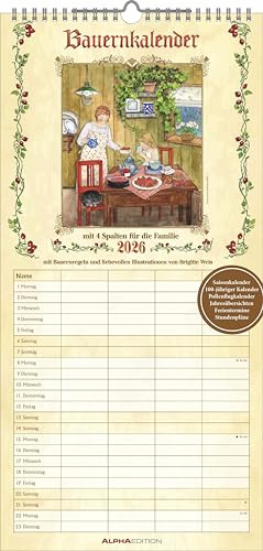 Alpha Edition Calendrier familial paysan 2026 – Calendrier mural 22 × 45 cm avec 4 colonnes, sagesse de la ferme, règles météo et calendrier 100 ans, agenda pratique pour les familles de style maison