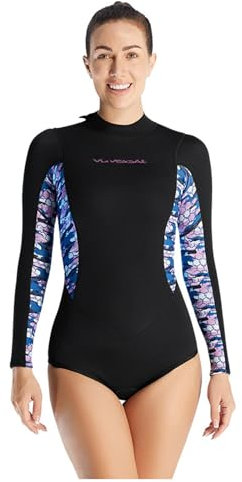 VLOBAOM Women's Wetsuit Shorty 2mm Neoprene Long Sleeve Thermal Swimsuit Diving Suits for Snorkeling Surfing Swimming,XL,Black