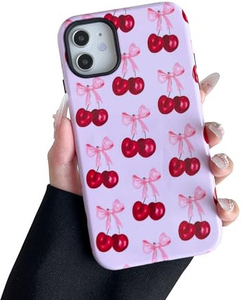 DEFBSC Case for iPhone 11, Cute Pink Ribbon Bowknot Print Aesthetic Trendy Pattern for Women Girls Slim Durable Bumper Shockproof Hybrid Hard Back Phone Cover, Cherry/Glossy