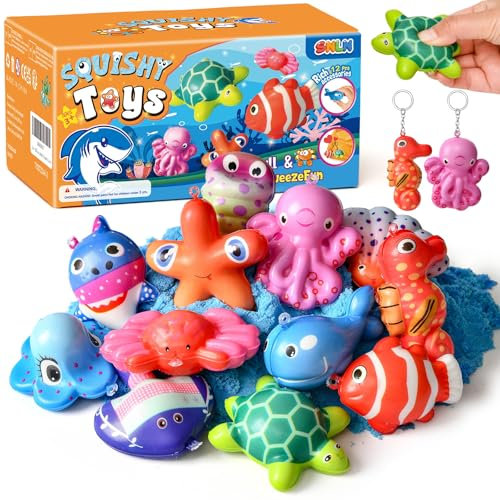 12 PCS Meerestiere Squishy Set, 13 cm Ozean Plüschtiere Fische Squishies Schlüsselanhänger, Squeeze Toy Spielzeug Party Geschenke unterwasserwelt Mitgebsel Kindergeburtstag für Kinder Mädchen Jungen