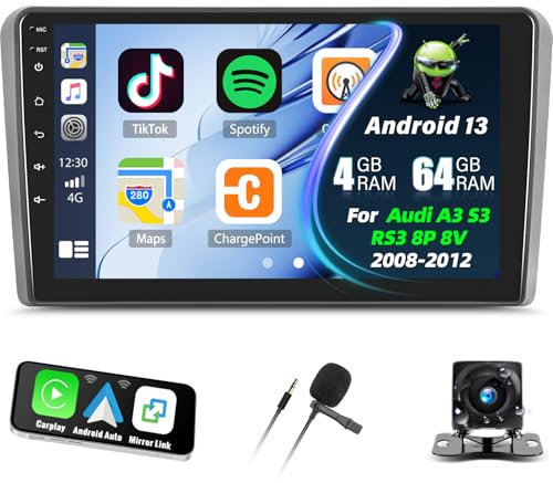 4G+64G Android 13 Autorradio para Audi A3 8p 2003-2012/RS3(2011-2012) con Carplay Android Auto, Radio con Pantalla IPS de 9 Pulgadas con WLAN GPS EQ Bluetooth FM/RDS Cámara de Marcha Atrás+Mic+Canbus