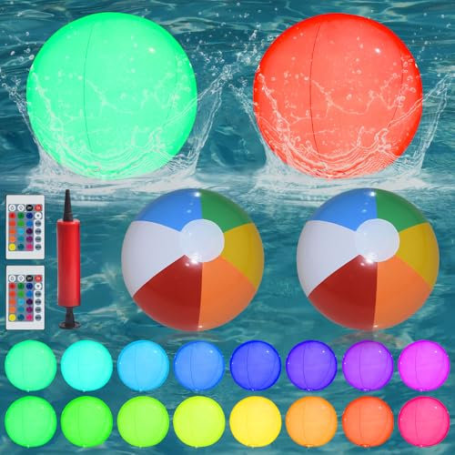 XPJBKC Wasserball Aufblasbar Led, 2 Stück 40cm Led Light Up Wasserball mit 2 Strandball,Pumpe und Fernbedienung, 16 Farblichter, 4 Lichtmodi, Leuchtender Wasserbälle für Erwachsene Kinder Strand Pool