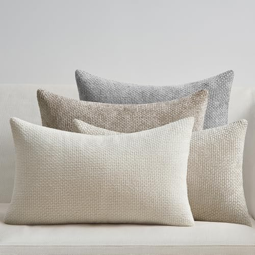 Topfinel Kissenbezug 30x50 Creme 4er Set Chenille Kissenbezüge Kissenhülle Sofakissen Dekokissen Zierkissenhülle Dekokissenbezug Rattan Webstil Design für Sofa Wohnzimmer Schlafzimmer Balkon Kinder