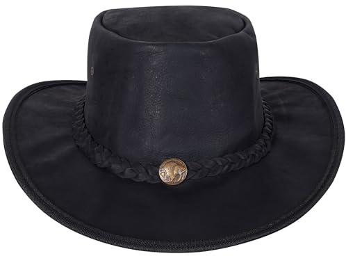 URBAN 5884 Cowboyhut aus echtem Leder, Western-Hut aus Rindsleder mit Verstellbarer Krempe und Kinnriemen