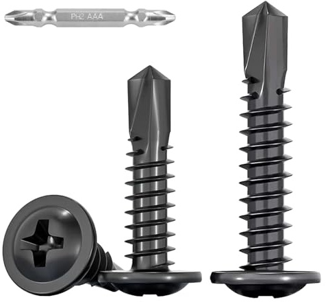 FandWay 50 viti autofilettanti a testa tonda, colore nero, M4,8 x 50 mm, in acciaio inox 410, viti autofilettanti, viti a croce, viti per legno per acciaio con 1 bit e scatola.