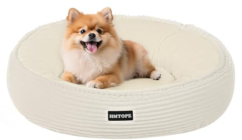 HMTOPE Hundebett Kleine Hunde, Rund Katzenbett Waschbar, Ø60cm, Beige | Kuscheliges Hundekissen, Cord Hundekorb, Donut Hundesofa zur Bekämpfung von Angstzuständen, Abnehmbar Bezug & Rutschfest