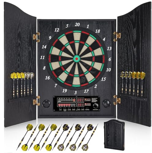 Yirinatek Dartscheibe Elektronisch, Dekoratives Elektronische Dartscheibe Schrank-Set [12 Bronze Soft-Tip Pfeile][Cricket-Spielmodus], Profi E Dart Scheibe mit Holzschranktüren - Schwarz