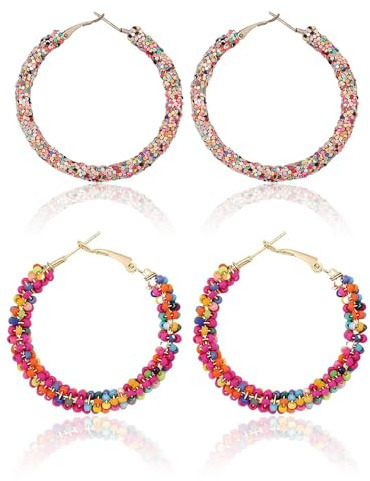 XFSRG 2 Paar Böhmische Bunte Perlen Ohrringe Statement Ohrringe Boho Ohrbügel Earring Hypoallergene Modeschmuck für Damen Frauen Mädchen