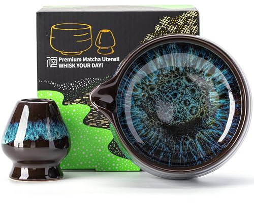 TEANAGOO 2 Pcs Matcha Bowl with Spout,Ceramic 17.2oz/510ml Matcha Bowl Set and Whisk Holder,Blue Matcha Chawan with Stand, Green Tea Mixing Bowl, Gift for Friend/Family