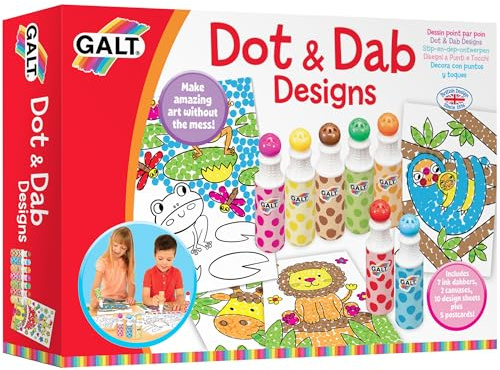 Galt Dot & Dab Craft Kit for Kids - Mess-Free Dot Art Set, Age 4 Years Plus | 7 Anti-Leak Paint Dabbers, Canvas, Postcards & Activities – Children’s Creative Activity Stamp Set & Pattern Making