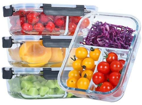 Liliume Meal Prep Boxen Glas 3 Fächer (3Stück, 1040ml) Meal Prep Boxen Glas mit Trenner Portionskontrolle Luftdicht Ofen- und Gefrierschrank Sicher