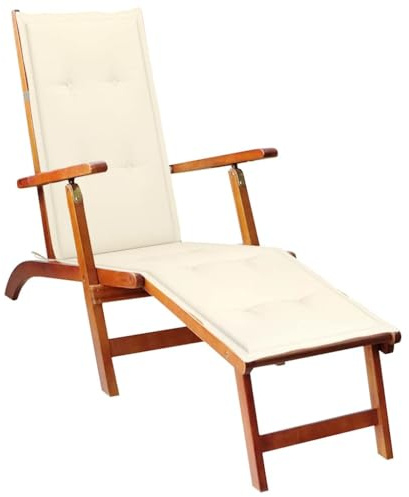 QUAHEAS Tumbona de madera de acacia con reposapiés, cojín blanco crema, ajustable en 3 posiciones, plegable, para jardín, terraza y piscina, tumbona de madera maciza