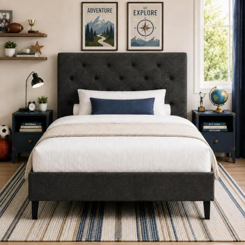 HOMBCK Polsterbett 90x200cm, Einzelbett 90x200cm mit Lattenrost, Dunkelgrau | Höhenverstellbares Kopfteil Jugendbett, Leinen Bettgestell, Ohne Matratze, Einfache Montage