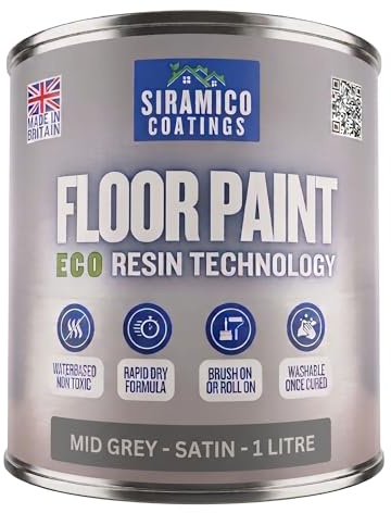 SIRAMICO COATINGS Floor Paint | 1 Litre | Satin | Water-Based Quick-Dry Formula - Non-Toxic, No-VOC, Durable Coating for Concrete, Brick, Stone & Wood Floors (Mid Grey)