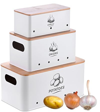 Relaxdays Aufbewahrungsbox 3er Set, Kartoffeln, Zwiebeln, Knoblauch, Gemüsebox Deckel, Vorratsdose Küche, Metall, weiß