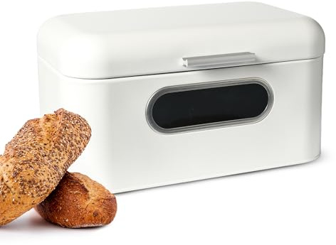 Sendez Brotkasten aus Metall mit Sichtfenster Brotkorb Aufbewahrung für Brot und Brötchen weiß mit Klappdeckel und Lüftung