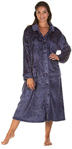 Lady Olga Fleece-Nachtwäsche in 3 Stilen, Bademantel, Morgenmantel oder Bettjacke, mit Reißverschluss und Knöpfen Gr. 38/40 DE, Marineblau - Button