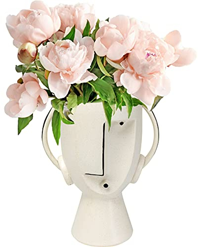 Kare Design vaso Face Pot, bianco, linee faccia astratte, ceramica, portafiori, centrotavola, soggiorno, sala da pranzo, studio, decorazione casa, stile espressionistico, stile moderno, 30cm (A)