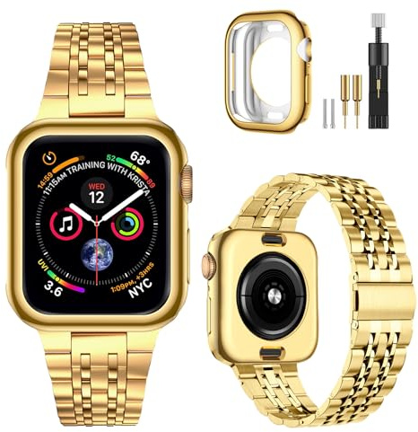 MioHHR Armband aus massivem Edelstahl, kompatibel mit Apple Watch, 38 mm, 40 mm, 41 mm, für iWatch Serie 9, 8, 7, 6, 5, 4, 3, 2, 1, SE, Gold