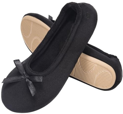 EverFoams Women's Ballerina Slippers Lightweight Comfy Memory Foam House Shoes with Stretchable Heel Design Black 3/4 UK