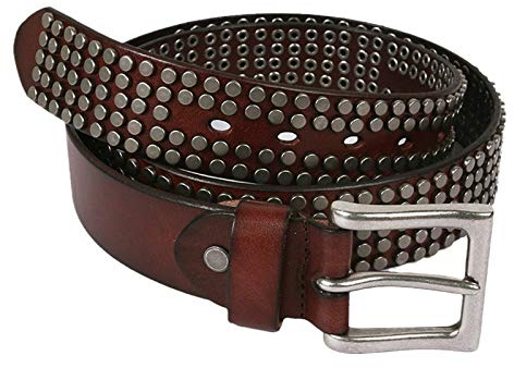 YZJYB Nieten Echtes Leder Gürtel mit Legierung Dornschließe Herren Damen 38cm Breit Punk Rock Style Ledergürtel 105cm - 125cm Kürzbar,Braun,125CM