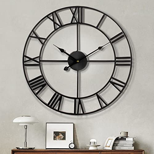 Maxstar Moderne römische Ziffern große Wanduhren,leichtes Ticken Runde Metall stille Vintage Wanduhr für Wohnzimmer,Küche,Schlafzimmer,Garten Dekor-schwarz 60cm