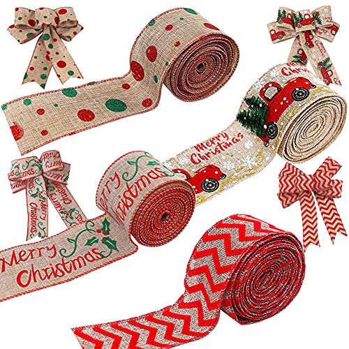 MEZHEN Weihnachten Geschenkband Weihnachtsband Sackleinen Band Schleifenband Breit Weihnachtsschleifen Dekoband Rot Weihnachtsschmuck für Weihnachtsbaum Kränze Deko Geschenkverpackung 4 Rollen