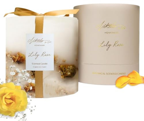 Nikita Luxury Lavender or Rose Botanical Pillar Candle - Floral Large Scented Candles - Aromatherapy Gifts for Women - Soy Candle - Housewarming Gift (Lily Rose)