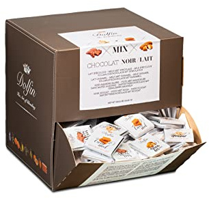 Dolfin Boite de Carrés de Chocolat Plaisirs Gourmands - 1.8kg - 4 Goût : Caramel, Spéculoos, Amandes Salées, Nougat Foncé - Friandises Gourmets - Cadeaux Anniversaires, Fêtes, Saint-Valentin