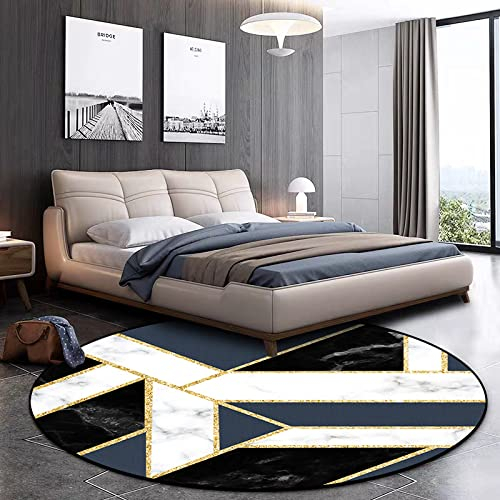 WLICWEI Teppiche Rund Schlafzimmer Große Teppiche Gold Line Geometrisch Dunkelblau Schwarz rutschfeste runde Teppiche für Schlafzimmer Wohnzimmer Kinderzimmer Dekor ø 200 cm
