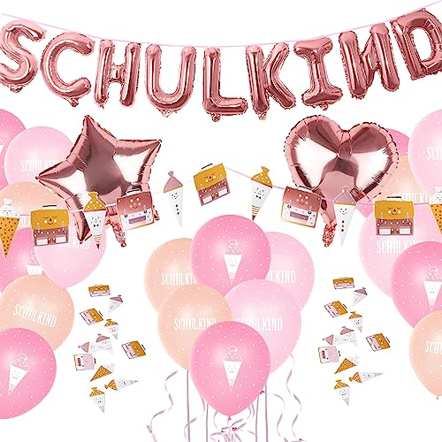 Einschulung Deko Set für Mädchen, Folienballon Schulkind Girlande + Schultüte und Schulranzen Banner + Schuleinführung Schulanfang Luftballon + Zuckertüten Konfetti Roségold