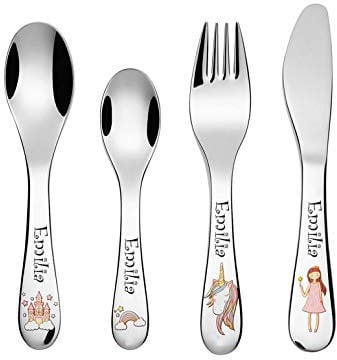 aplusashop ID Ernesto Kinderbesteck mit Gravur nach Wunsch 4-teilig Edelstahl 3 Varianten (Prinzessin)
