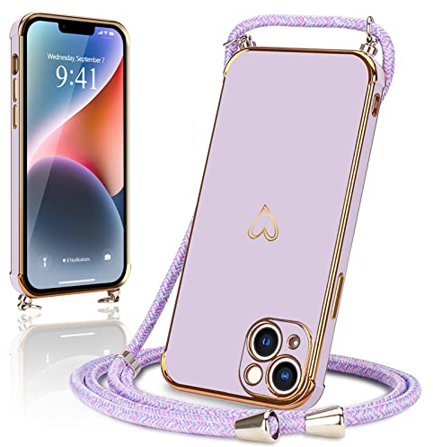 Micoden Handykette für iPhone 14 Plus Necklace Hülle mit Band,Handyhülle für Kordel zum Umhängen,Kameraschutz Herz Love Design Galvanik Silikon Case Bumper Stoßfeste Schutzhülle,Lila