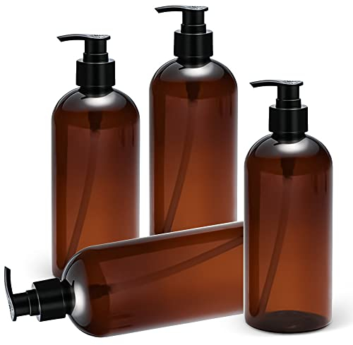 skytowards 4 PCS Distributeur de Savon 500 ML, Flacon à Pompe Vide en Plastique PET Bouteille de Gel Douche Vide Rechargeable pour Huiles Essentielles, Lotions, Shampooing, Après-shampoing (Ambre)