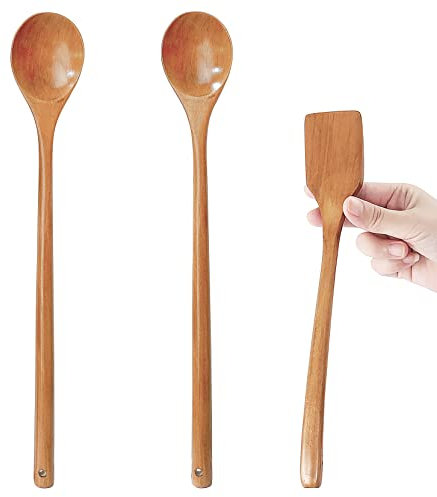 UPTALY 1 pcs Thin Wood Turner for Omelet (10'' x 1.8''), 2 pcs Long Handle Mixing Spoons (13'' x 2''), Natural Solid Wooden, no Glue, no Splicing, Small Fried Egg Spatula, Extended Stirring Spoon