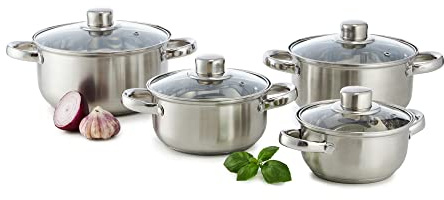 DOMOTTI Topfset Induktion Kochtopf Set 4-teilig mit Glasdeckel Edelstahl Kapselboden Induktionsgeeignet Spülmaschinengeeignet Belly