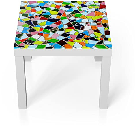 DEQORI Glastisch | weiß klein 55x55 cm | Motiv Buntes Fliesen-Mosaik | ausgefallener Beistelltisch aus Glas | Hochglanz Couchtisch fürs Wohnzimmer | moderner Couch Tisch mit Design