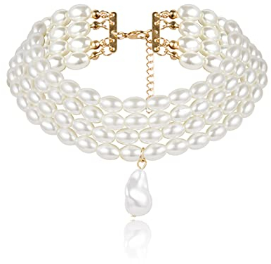 Aabellay Damen Perlenkette Imitation Perlen Halskette Runde Perlen Kette Vintage Choker Halskette Schmuck 20er Jahre Flapper Art Deco Gatsby Kostüm Hochzeit Braut - 2436 Oval