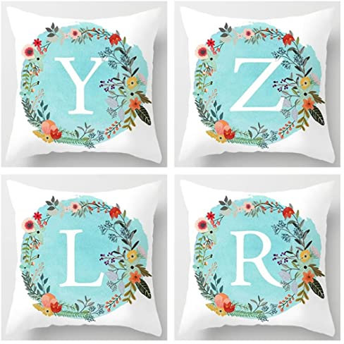4er Set Blaue Englische Buchstaben Kissenbezug 50 x 50 cm Sofakissen Groß Kissenbezüge Leinen Deko Kissen Kissenhülle mit Unsichtbarem Reißverschluss Kopfkissenbezug für Schlafzimmer Wohnzimmer D87