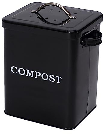 ayacatz Metal Compostor Cocina,6 litros Papelera de compost Cocina con tapa,Bandeja de compost para encimera de cocina con asas,Cubo de compost incluye 4 filtros de carbón-negro