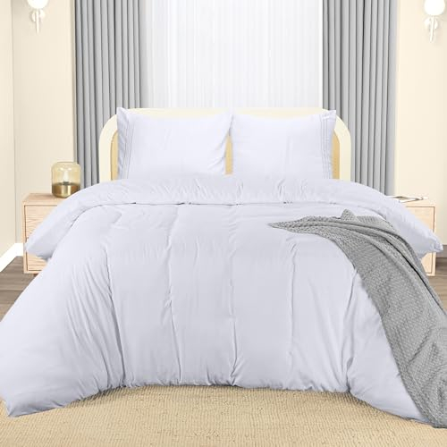 Utopia Bedding Housse de Couette 220x240 cm avec 2 Taies d'oreiller Brodée 65x65 cm (Blanc) - Parure de lit 220x240 cm - Ensembles de Housses de Couette en Microfibre brossée Douce