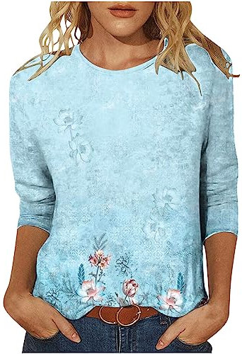 AMhomely Tops for Women UK Plus Size Elegant 3/4 Sleeve Round Neck Tops Blouses Lighweight Streetwear Floral Print Loose Fit Comfy T Shirts Fitness Golf Shirt 233 Light Blue XL