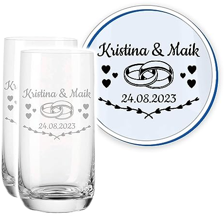 LALALO Leonardo Hochzeit Trinkglas Geschenk-Set (2 St.) graviert, Trinkgläser mit Gravur personalisiert als Hochzeitsgeschenk, Wasserglas/Longdrink-Glas zum Hochzeitstag (Herztanz)