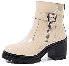 QUEEN HELENA Stivaletti con Tacco Stivali Bassi Lucidi Donna X29-108 (Beige, Sistema Taglie Calzature EU, Adulto, Donna, Numero, Media, 39)