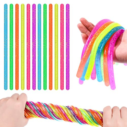 Steemjoey 12PCS Sensorisch Dehnbar Schnur, Bunte Sensorische Fidget Stretch Spielzeug Set Dehnbare Saiten Nudeln String Fidget Spielzeug Stress Relief Zappeln für ADD, ADHS, Autismus (Farbe Zufällige)
